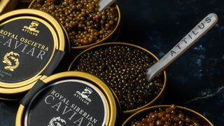 Tins of Attilus caviar on dark marble: two closed tins whose lids read Royal Oscietra and Royal Siberian, beside open tins and Attilus mother-of-pearl spoons.